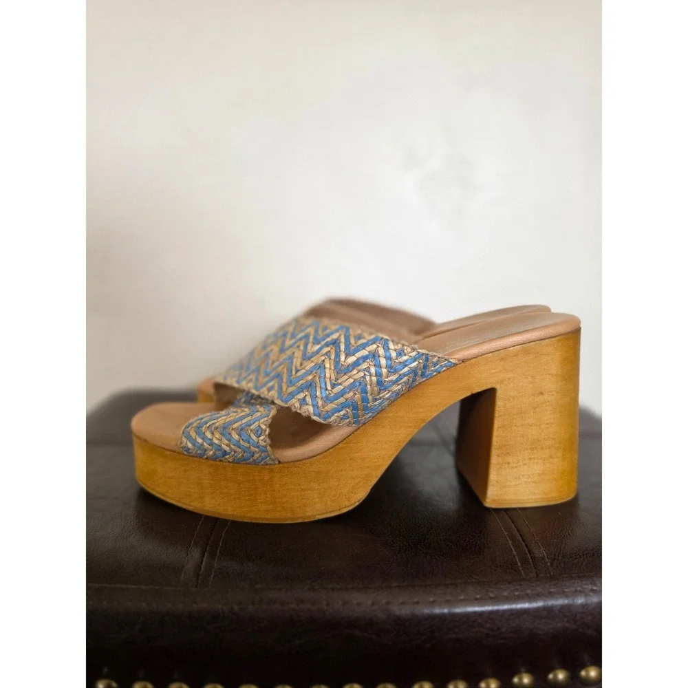 Avellini Leather Boho Y2K Blue Block Wooden Platform Sandals sz 40 Us 9.5